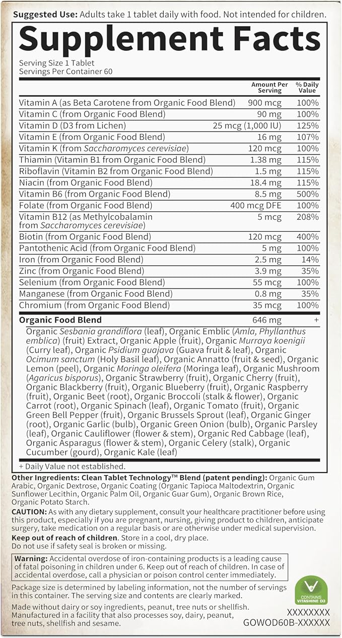 Garden of Life Multivitamin for Women - Organics Women's Once Daily Multi - 60 Tablets, Whole Food Multi with Iron, Biotin, Vegan Organic Vitamin for Women's Health, Energy Hair Skin and Nails