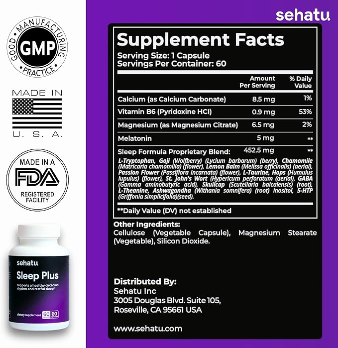 Sleep Plus Supplement | with Melatonin, GABA, Ashwagandha, 5-HTP | for Men and Women Seeking a Healthy Sleep-Wake Schedule and A Relaxed Mood | 60 Count | 60 Day Supply