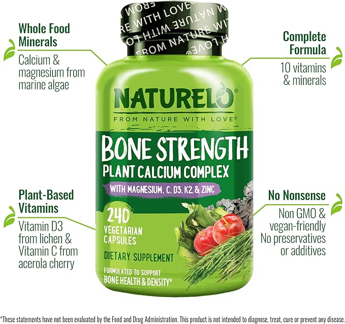 NATURELO Calcium Supplement - with Vitamin C, Vitamin D3, K2, and Calcium Magnesium Zinc for Bone Strength with Calcium 600mg - Plant-Based, 240 Vegetarian Capsules, Non-GMO, Soy & Gluten-Free