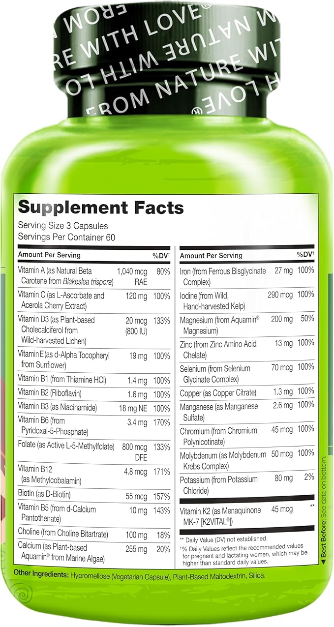 NATURELO Prenatal Multivitamin with Gentle Chelated Iron, Methyl Folate, Plant Calcium & Choline - Vegan, Vegetarian - Non-GMO - Gluten Free - 360 Capsules - 4 Month Supply