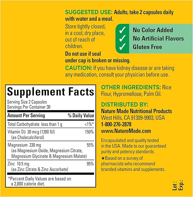 Nature Made Magnesium Complex with Vitamin D and Zinc Supplements, Magnesium Supplement for Muscle, Nerve, Heart & Bone Support with Vitamin D3 & Zinc for Immune Support, 60 Capsules, 30 Day Supply