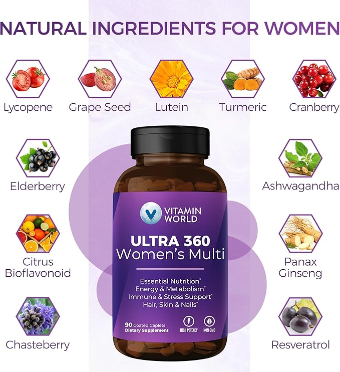 Vitamin World Ultra 360 Multivitamin for Women, Women's Multivitamin with Herbs & Collagen for Hair, Skin & Nails, Supplement with Iron, Vitamin A, B, C, D, E for Energy & Immune Support, 90 Caplets