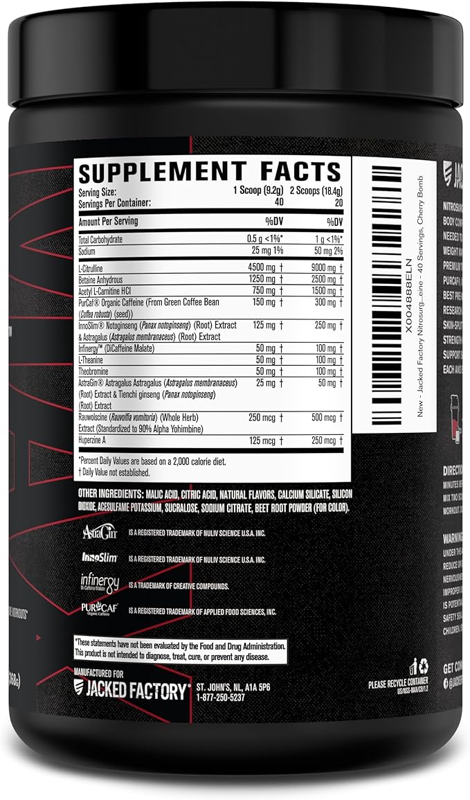 Jacked Factory Nitrosurge Shred Max Preworkout - High-Performance Thermogenic Pre Workout Powder for Men and Women with L Citrulline, Acetyl L Carnitine, Organic Caffeine - 40 Servings, Cherry Bomb