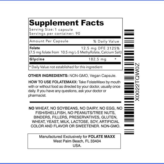 FolateMaxx L-Methylfolate 7.5 mg Professional Active Folate, MethylFolate 5-MTHF (90 Capsules)
