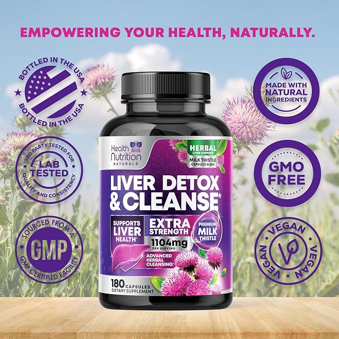 Gentle Liver Cleanse Detox & Repair Formula - Herbal Liver Support Supplement: Milk Thistle with Silymarin, Artichoke Extract, Dandelion, Beet, Chicory Root, & Turmeric for Liver Health - 180 Capsules
