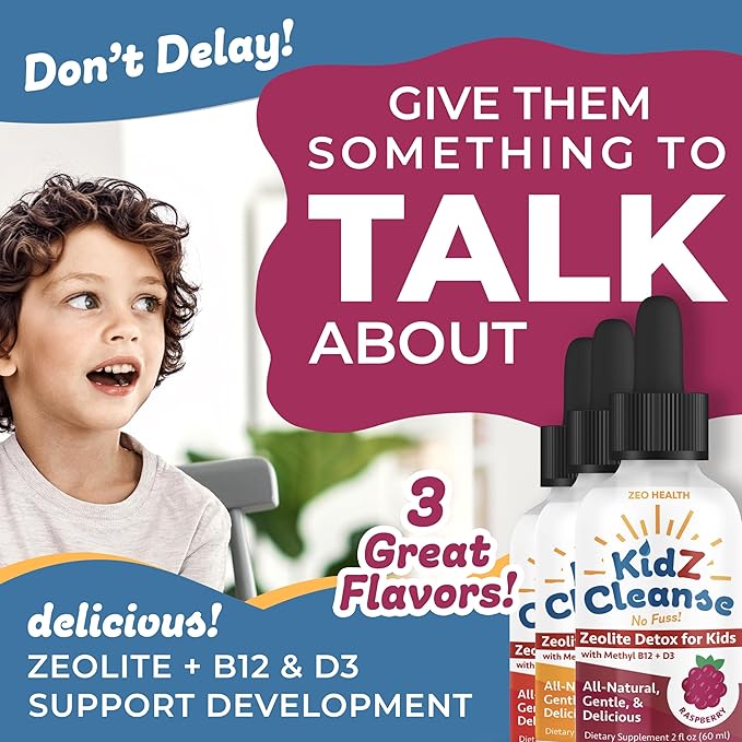Kidz Cleanse | Zeolite Detox for Kids | Development, Behavior, Energy and Gut Health Support Supplement | Easy to Take, Pure Liquid Zeolite Drops + Methyl B12 + D3 (Raspberry Flavor) - 2oz
