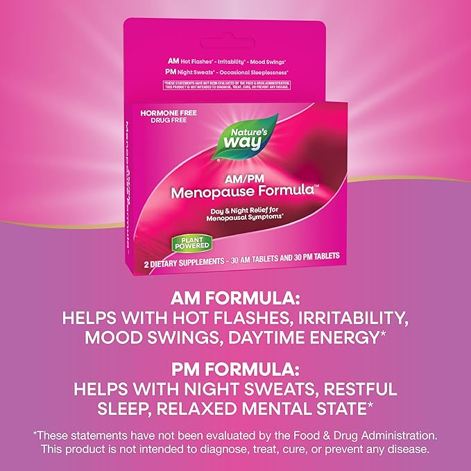 Nature's Way AM/ PM Menopause, Hot Flash Relief*, Night Sweats*, Restful Sleep*, Mood Swings*, Hormone-Free Formulas with Black Cohosh, L-Theanine, Valerian, 60 Tablets (Packaging May Vary)