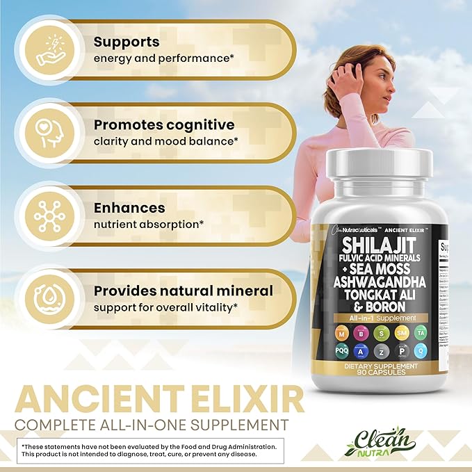 Clean Nutraceuticals Shilajit Supplement for Men with Sea Moss, Tongkat Ali, Ashwagandha, Boron, Zinc, CoQ10, PQQ - Fulvic Acid Capsules - Energy Support - 90 Count - Resin, Gummy & Powder Alternative