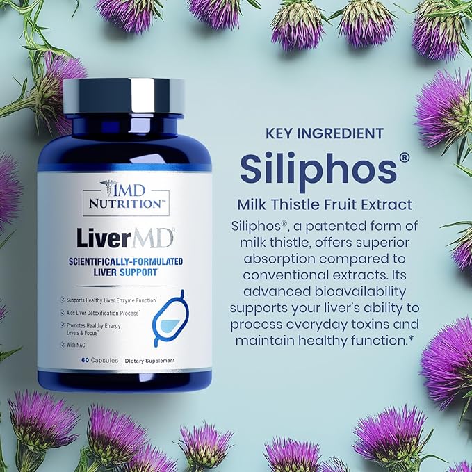 1MD Nutrition LiverMD - Liver Support Supplement | Siliphos Milk Thistle Extract & NAC - Supports Healthy Energy, Immunity & Overall Health - Liver Cleanse & Support | 60 Capsules