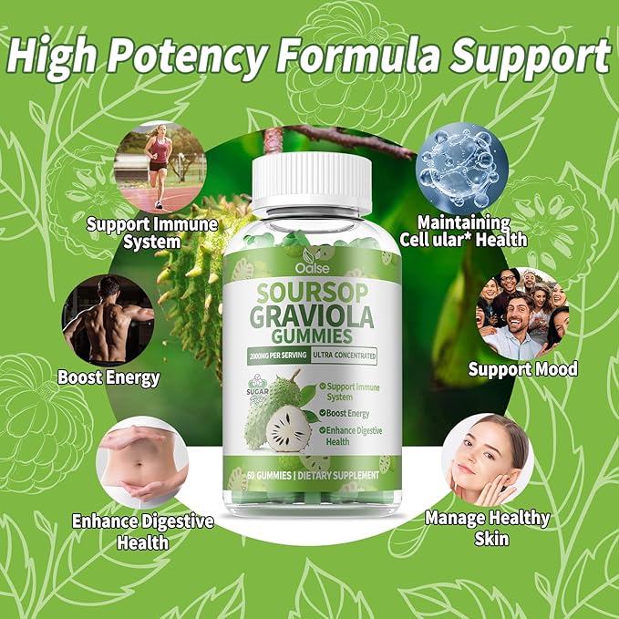 Soursop Graviola Gummies, Sour SOP Leaves & Fruit Extract Plus Vitamin C and Zinc, Soursop Bitters for Immune Support, (60 Count) - Sugar Free, Vegan, Gluten Free