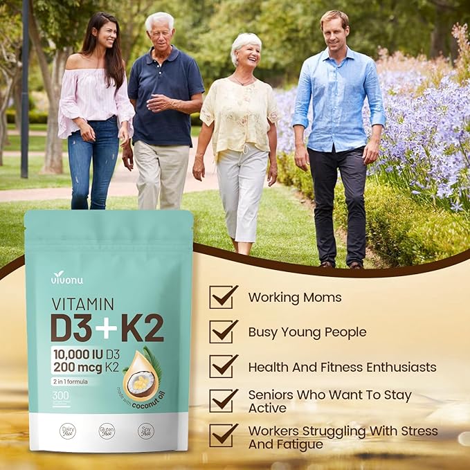 Vitamin D3 10000 iu Plus K2 (MK-7) 200 mcg, 300 Coconut Oil Softgels| 2 in 1 VIT D & K Complex | Supports Calcium Absorption, Bone, Immune, & Heart Health – Easy to Swallow (300 Softgels /1 Bag)