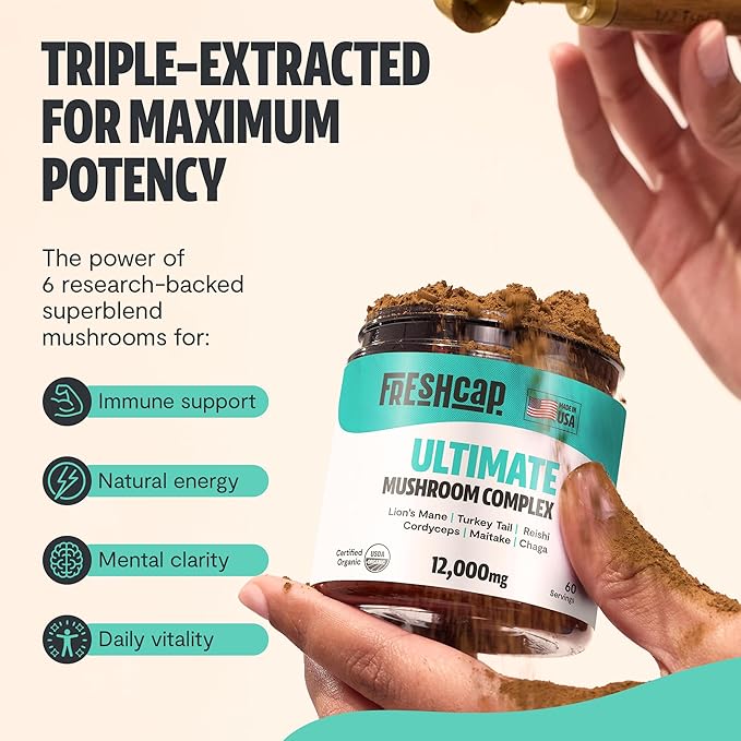 FreshCap Ultimate Mushroom Supplement Powder 12,000mg - Organic Mushroom Blend, Mushroom Complex for Focus & Memory, Nootropics Brain Support Supplement, Ayurveda Mushroom Powder Extract (60 Servings)