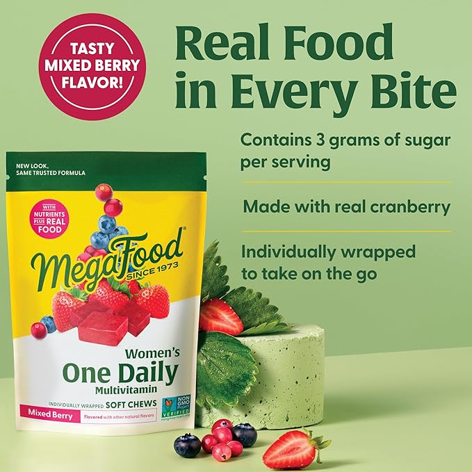 MegaFood Women's One Daily Multivitamin Soft Chews- Multivitamin for Women with Folate, Vitamin B6, Vitamin B12, Biotin, Vitamin D- Delicious Mixed Berry Flavor- Vegetarian, Non-GMO- 30 Chews(2 Pack)