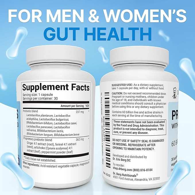 Dr. Berg Probiotic Supplement (60 Billion CFUs) - Helps Ease Occasional Constipation, Diarrhea, Gas & Bloating* - Pre and Probiotics for Digestive Health - 30 Probiotic Capsules