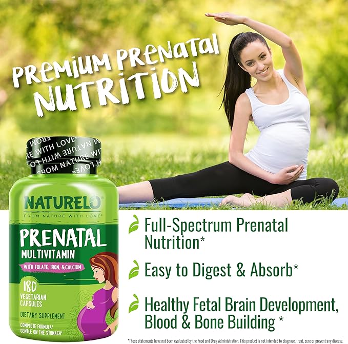 NATURELO Prenatal Multivitamin with Gentle Chelated Iron, Methyl Folate, Plant Calcium & Choline - Vegan, Vegetarian - Non-GMO - Gluten Free - 360 Capsules - 4 Month Supply