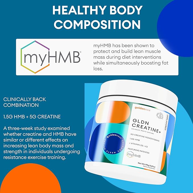 GLDN Creatine - Creatine Monohydrate with HMB for sustained Muscle Support and Recovery with Vitamin D3 and K2 for Bone and Joint Health - Designed for Women and Men - Unflavored Powder - 30 Serve