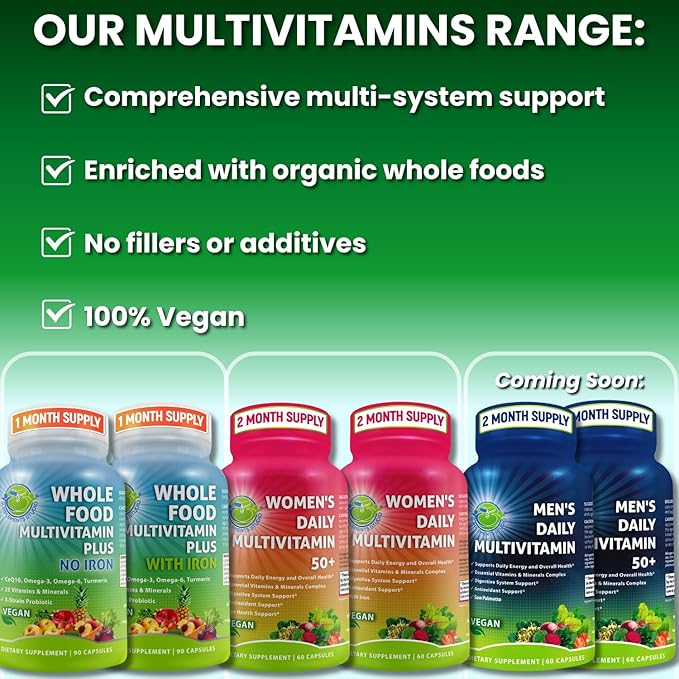 Vegan Whole Food Multivitamin with Iron, Daily Multivitamin for Women and Men, Made with Fruits & Vegetables, B-Complex, Probiotics, Enzymes, CoQ10, Omegas, Turmeric, Non-GMO, 90 Count