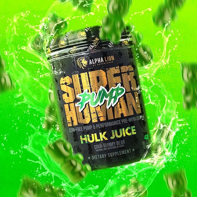 ALPHA LION Superhuman Pump Pre Workout Powder, Nootropic Caffeine & Stim Free Preworkout Supplement, Nitric Oxide Booster, Muscle Gainer, Energy & Focus (42 Servings, Hulk Juice Flavor)
