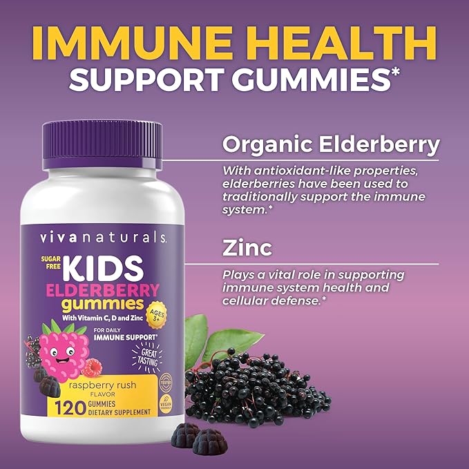 Sambucus Elderberry Gummies for Kids with Vitamin C and Zinc (120 Count) - Sugar-Free 8-in-1 Immune Support Gummy - Chewable Vegan, Gluten-Free Sambucus Elderberry Gummy for Kids, Immunity Gummies
