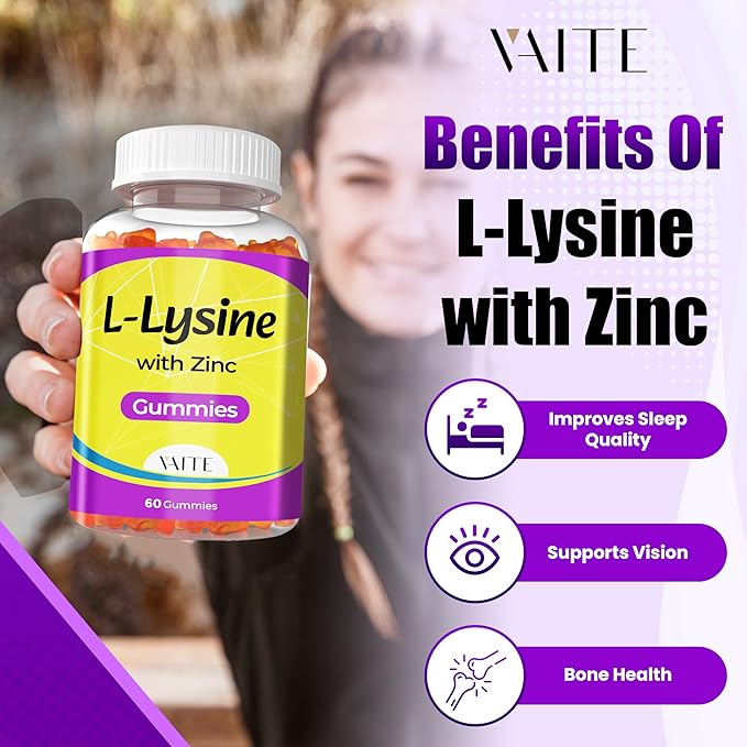 L Lysine Gummies 1000mg with Zinc - Supports Skin, Lip, Vegan, Gluten Free, 60 Chewable L-Lysine for Adults, Vitamins Tissue Health & Immune System, Amino Acid & Complex Supplements, Non-GMO