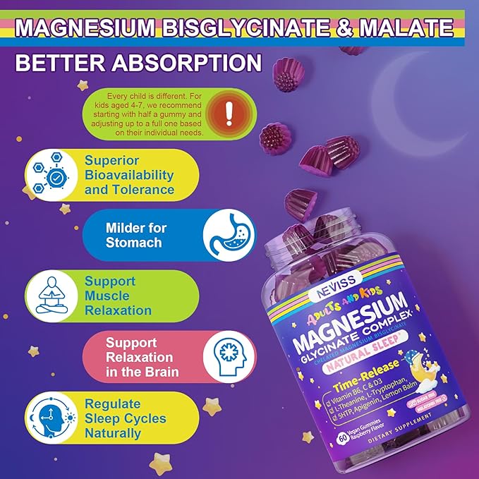 Magnesium Glycinate Gummies for Adults & Kids 4+, Sugar Free Magnesium Bisglycinate Supplement 400/200mg with B6D3, 5HTP, L-Theanine for Sleep & Relaxation, Brain, Muscle, Melatonin Free Gummies,2Pack