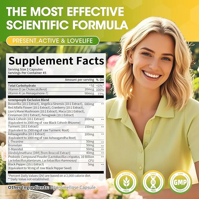 Menopause Supplements for Women - Black Cohosh & Ashwagandha for Hot Flashes, Night Sweats, Mood Swings, Hormonal Balance Support,10 Billion CFU Probiotic - 90 Capsules Vegan Gluten-Free