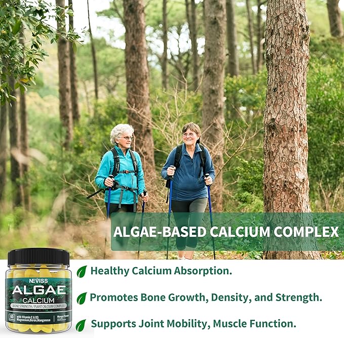 (2 Pack) Algae Calcium Gummies 600mg with Vitamin D3, C, Magnesium, Boron, Manganese, Plant-Based Calcium Supplement for Bone Health & Strength, Minerals Complex, Gentle Digestion, Sugar Free, Vegan