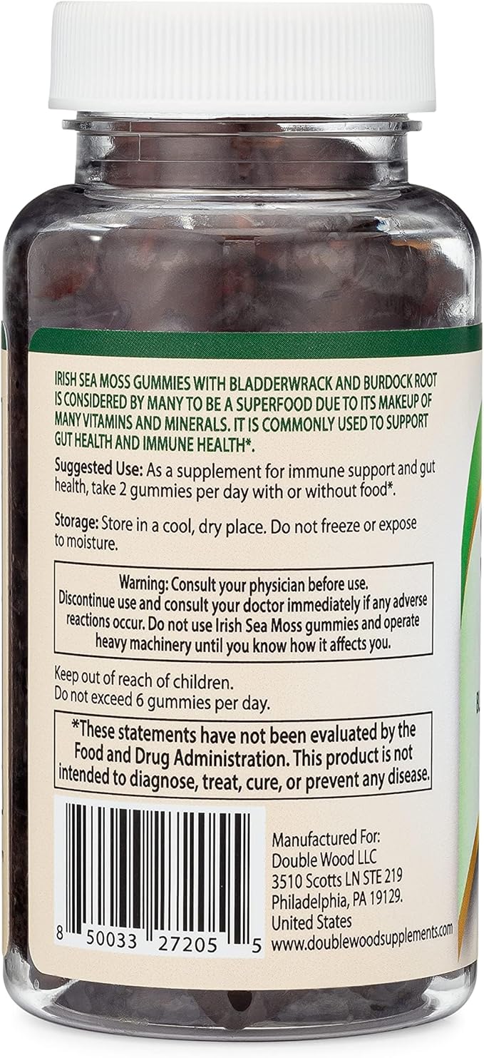 Sea Moss Gummies for Adults Max Strength 3,000mg (60 Irish Sea Moss Gel Gummies Enhanced with Bladderwrack and Burdock Root) Superfood Gummies for Immune Support (Non-GMO, Gluten Free) by Double Wood