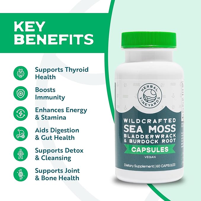 Herbal Vineyards Organic Wildcrafted Vegetable 60 Capsules | 1500MG | Pack of 1 | Irish Sea Moss, Bladderwrack and Burdock Root, Immune Support, Healthy Skin & Energy | Powerful Immunity Booster
