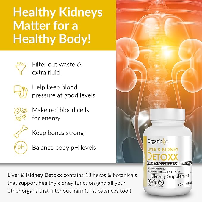 Organixx Kidney & Liver Support Cleanse Supplement, Milk Thistle Reishi Herbal Formula For Digestive Health, Kidney & Liver Health, Sleep & Energy Support, Gluten Free, Non GMO, 60 Vegetarian Capsules