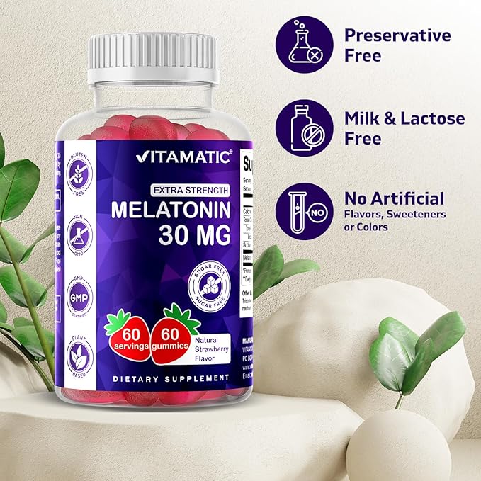 Vitamatic Sugar Free Melatonin 30mg per Gummy - 60 Servings - 60 Vegetarian Gummies - Non-Habit Forming Supplement (60 Count (Pack of 3))