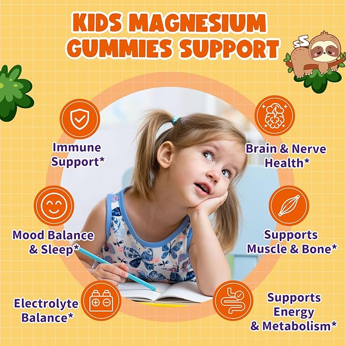 Magnesium Gummies for Kids - Magnesium Glycinate Gummies with Vitamin D3, B6, Potassium & Ashwagandha, Magnesium for Kids & Adults Relaxation, Sleep, Brain & Bone Health -Vegan Orange 60ct