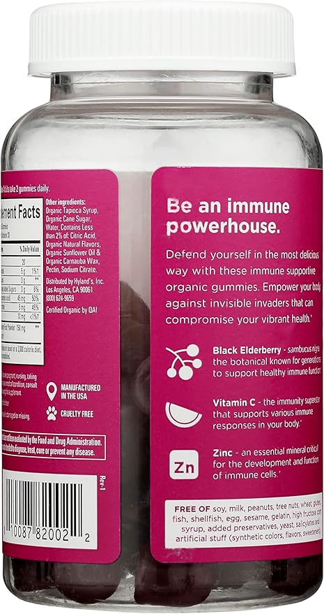 Hyland's Organic Elderberry Plus Gummies, Organic Black Elderberry with ZINC and Vitamin C, Immune Support Supplement for Adults, 60 Vegan Gummies (30 Days)