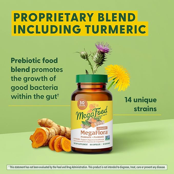 MegaFood MegaFlora Probiotic + Prebiotics + Turmeric Supplement - Probiotics for Women Digestive Health - 50 Billion CFUs - 14 Strains - Vegetarian - 90 Capsules (45 Servings)