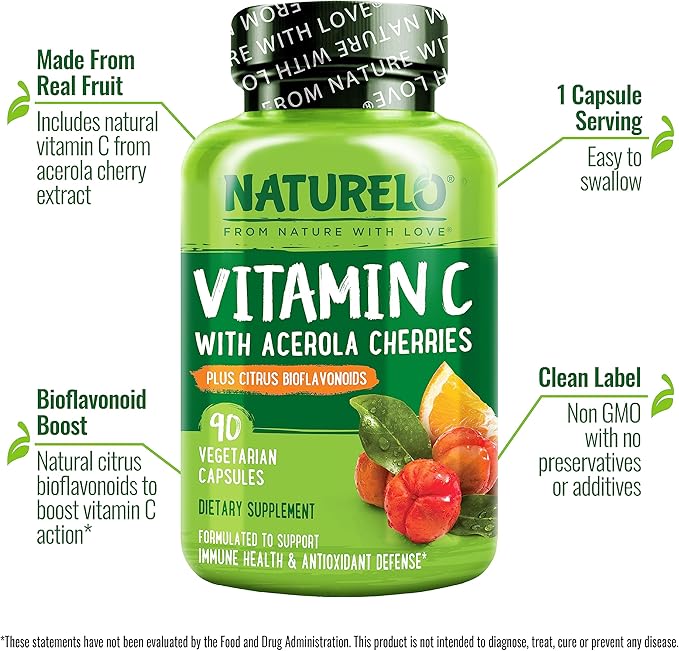 NATURELO Vitamin C with Organic Acerola Cherry Extract and Citrus Bioflavonoids - Vegan Supplement - Immune Support - 500 mg VIT C per Cap - Non-GMO - 90 Capsules