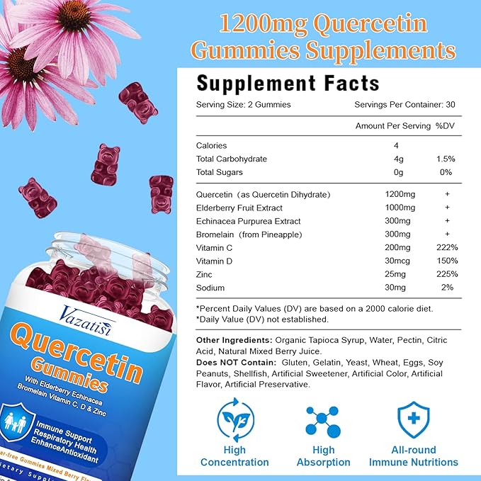 (2 Pack) Quercetin Gummies with Bromelain Elderberry Zinc & Vitamin C, Quercetin Supplement Gummies, Immune Support for Adults & Kids, Vegan Mixed Berry Flavor 120 Cts