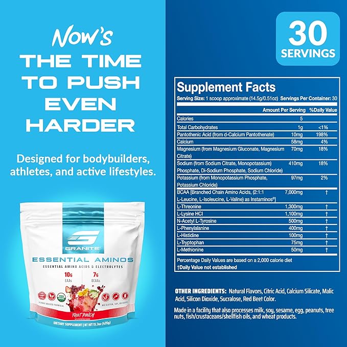 Granite Essential Amino Acids Powder for Muscle Recovery and Growth with 10g EAAs and 7g BCAAs - Soy-Free, Gluten-Free, 448g (30 Servings), Fruit Punch Flavor