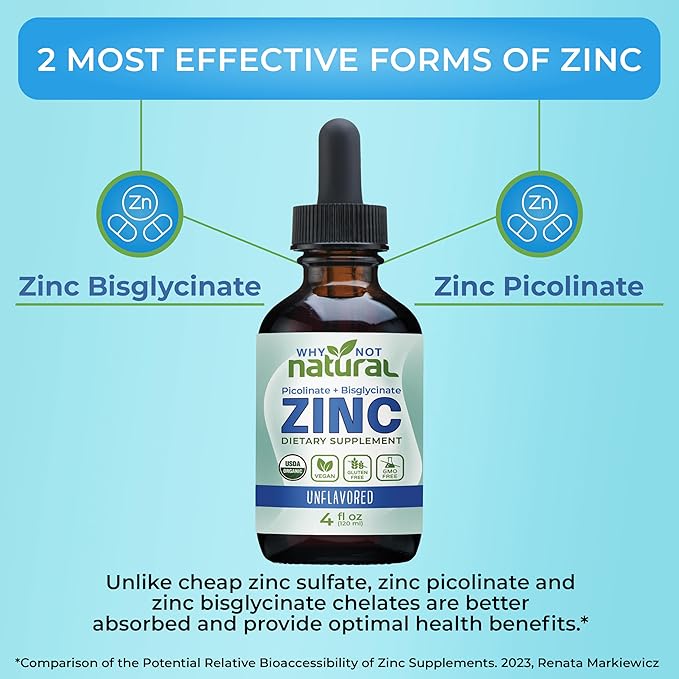 Organic Liquid Zinc Drops Supplement with Chelated Picolinate and Bisglycinate, Vegan