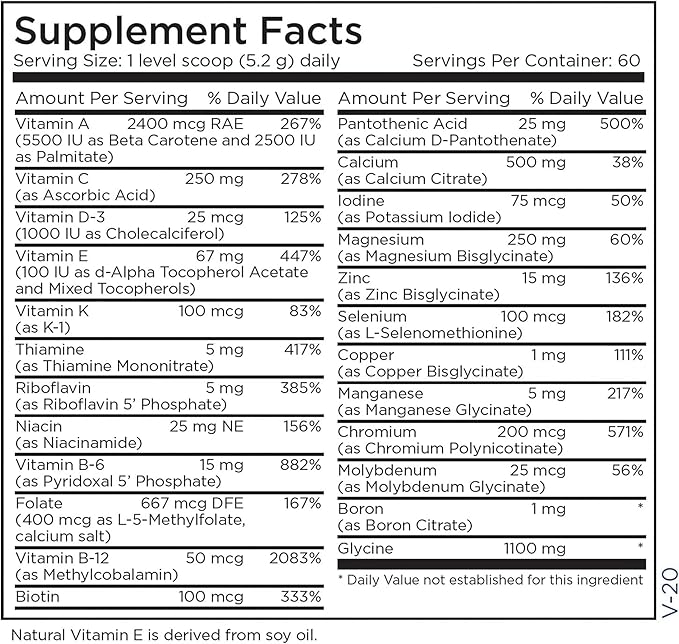 Metabolic Maintenance Vitamin Mineral Base Powder - Iron Free Multivitamin with Active B Vitamins + Chelated Minerals (312 Grams, 60 Servings)
