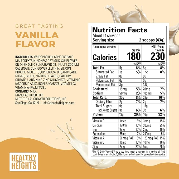 Healthy Heights Grow Daily Kids Protein Drink Mix (Vanilla) - 2 pack - High Protein Shake for Kids 3+