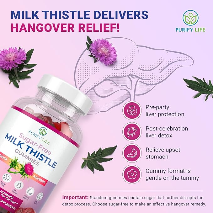 Purify Life Sugar-Free Milk Thistle Gummies for Liver Cleanse, Detox & Cell Repair (1000mg/serv) Cardo Mariano, Milk Thistle Extract & Antioxidant Support, Vegan, Replaces Pills & Capsules
