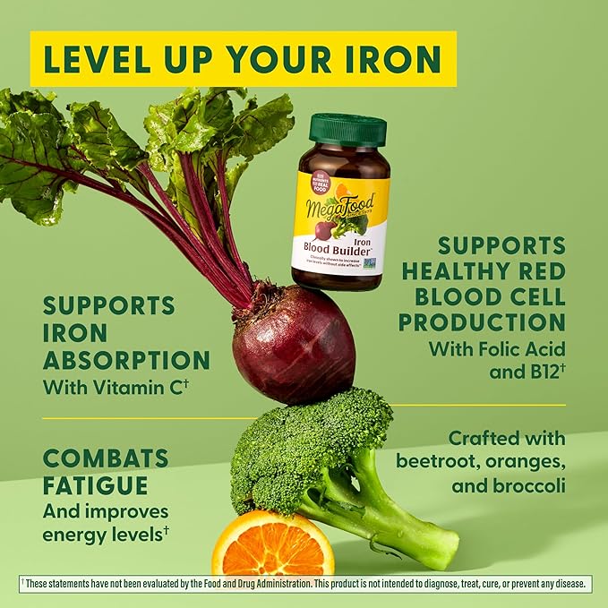 MegaFood Blood Builder - Iron Supplement Shown to Increase Iron Levels without Nausea or Constipation - Energy Support with Iron, Vitamin B12 and Folic Acid - 90 Tabs
