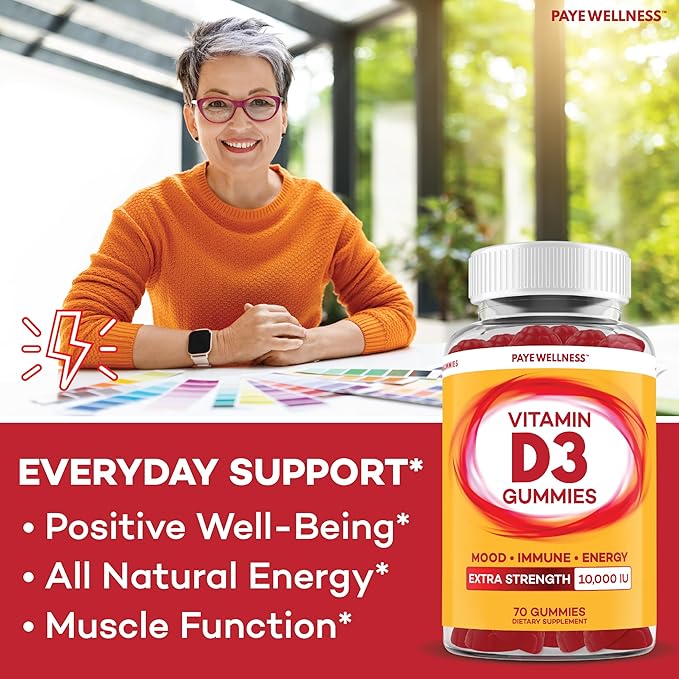 PAYÉ Vitamin D Gummies, D3, 10,000 IU (250 mcg) per Serving, Dietary Supplement for Bone, Teeth, Muscle and Immune Health Support Kids and Adults* - 140 Count