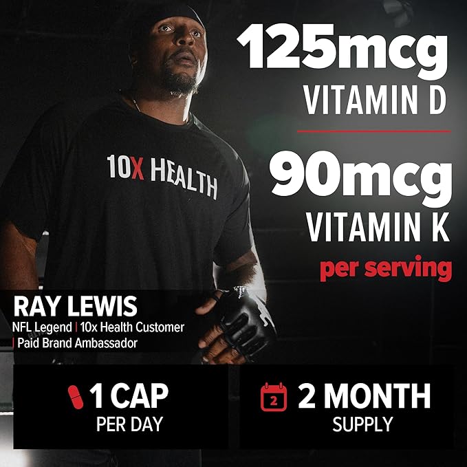 10X Health Vitamin D3 5000 IU & K2 MK7 - Menaquinone 7, High-Potency D3 K2 Vitamin Supplement for Bone Health, Heart and Teeth - 125 mcg Vitamin D & 90 mcg Vitamin K2-60 Capsules