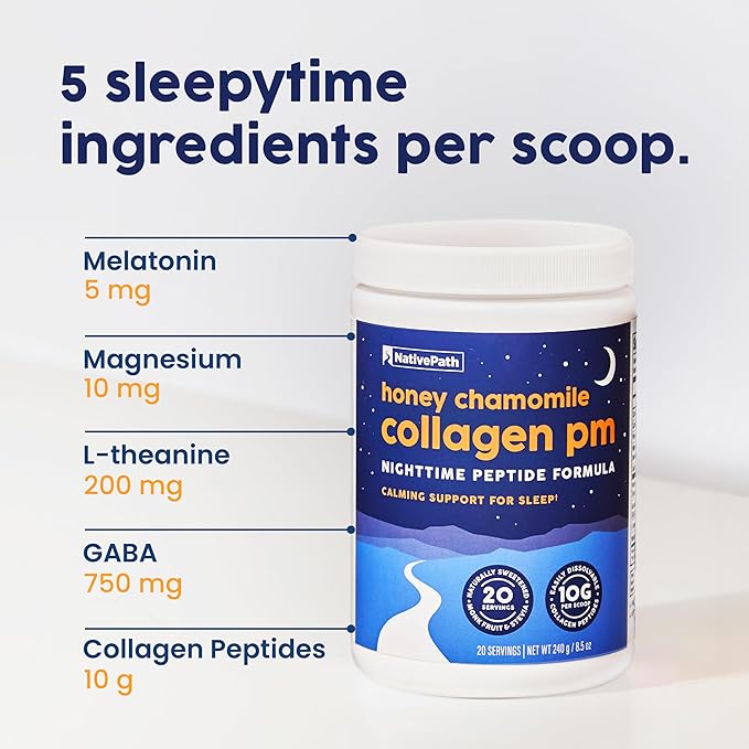 NativePath Collagen PM - Honey Chamomile Nighttime Collagen Peptides Powder with Magnesium, GABA, L-Theanine and Melatonin - 20 Servings