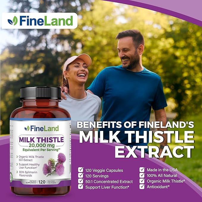 FineLand Milk Thistle 50:1 Silymarin Extract, 20,000 mg Equivalent per Capsule, Liver Cleanse & Detox Support, Antioxidant Liver Health Supplement, 120 Vegan Capsules, Non-GMO, Natural