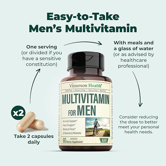 Multivitamin for Men - Daily Mens Multivitamins & Multiminerals with Vitamin D, Vitamin C, B12 Zinc & More. Essential Vitamins for Men for Energy, Focus, Stamina, Performance, Mens Health. 60 Capsules