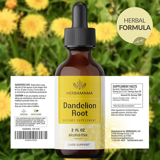 HERBAMAMA Dandelion Root Extract - Dandelion Tincture Vegan Liver Support Supplements - Dandelion Root Liver and Kidney Detox Drops - Alcohol & Sugar-Free, 28-Day Supply