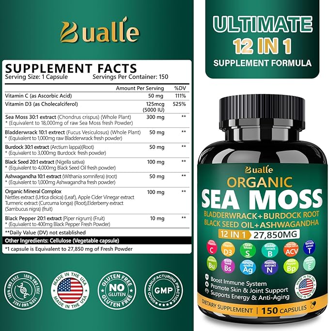 Organic Sea Moss Capsules 27,850mg with Sea Moss,Black Seed Oil,Ashwagandha,Bladderwrack,Ginger,Burdock Root for Immune System,Skin,Energy Support-USA Made (150 Capsules)