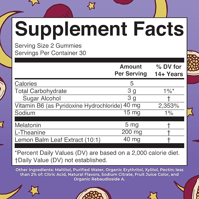 MaryRuth Organics Melatonin 5mg Sleep Gummy with L-Theanine | Lemon Balm | Vitamin B6 | Sugar-Free | Relaxation | Vegan | Non-GMO | Gluten Free | 60 Count